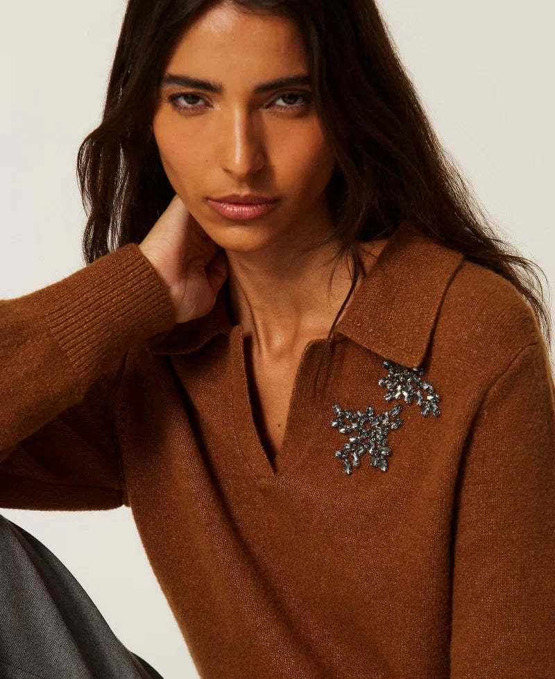 TWS-262AT3121 TOFFEE BEIGE EMBROIDERED TOP