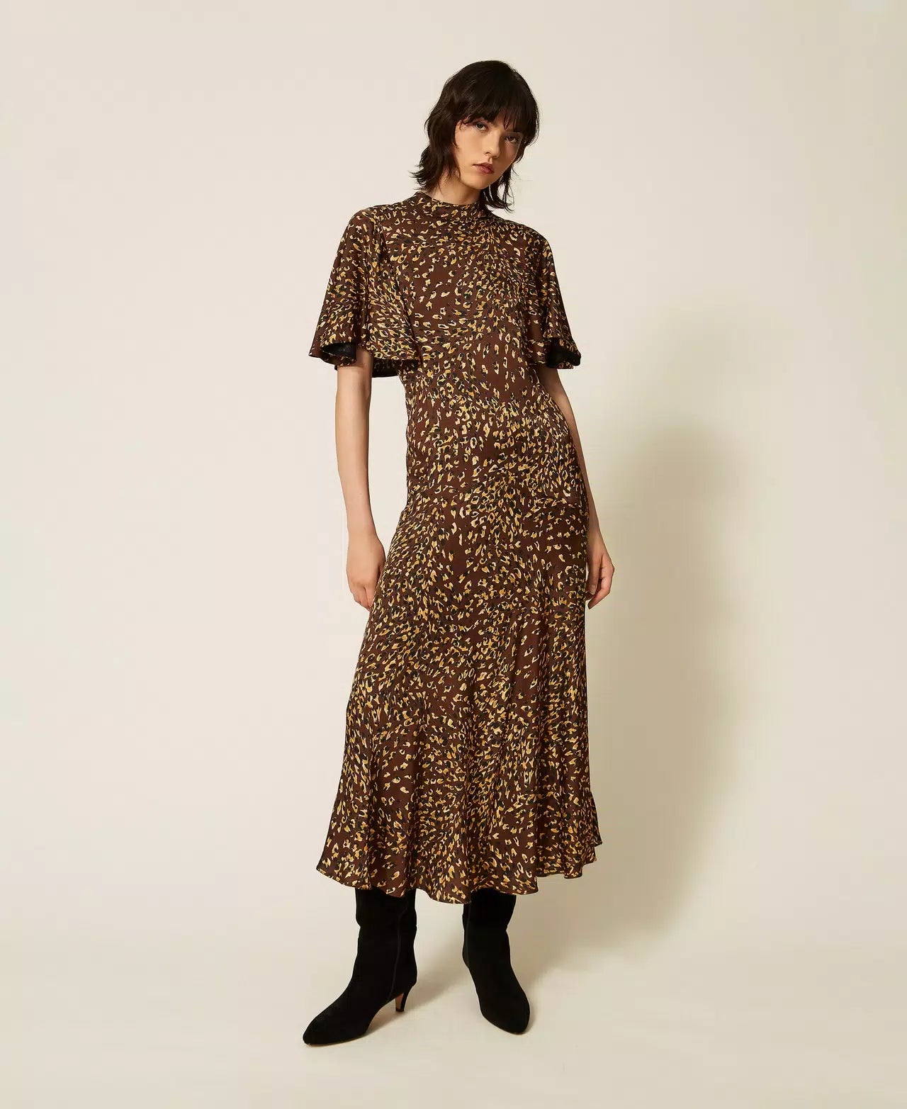 TWS-262TP275D BROWN&YELLOW PRINT DRESS