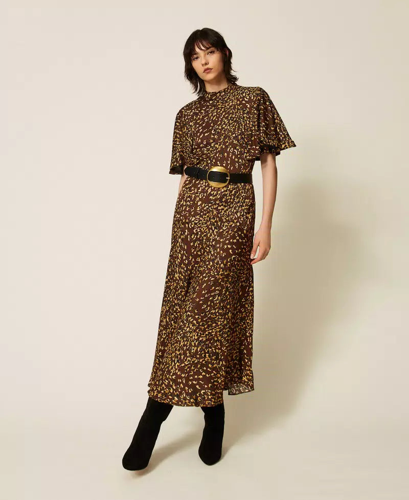 TWS-262TP275D BROWN&YELLOW PRINT DRESS