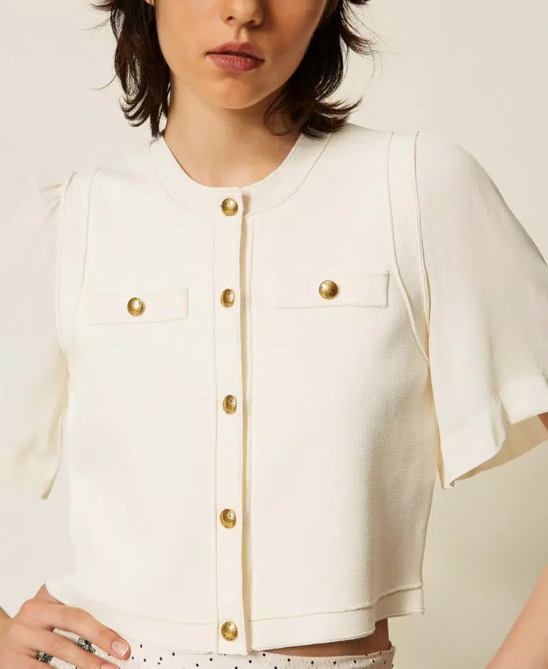 TWS-262TP3080 IVORY BUTTON KNIT CARDIGAN