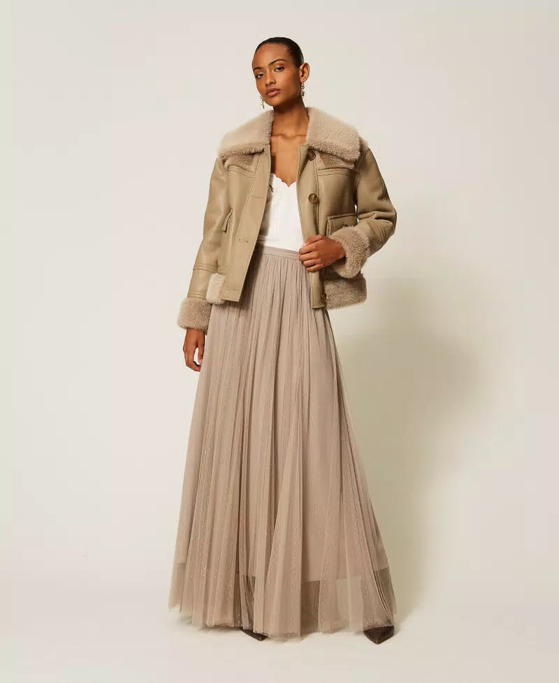TWS-262TT2154 TAUPE TULLE PLEATED SKIRT