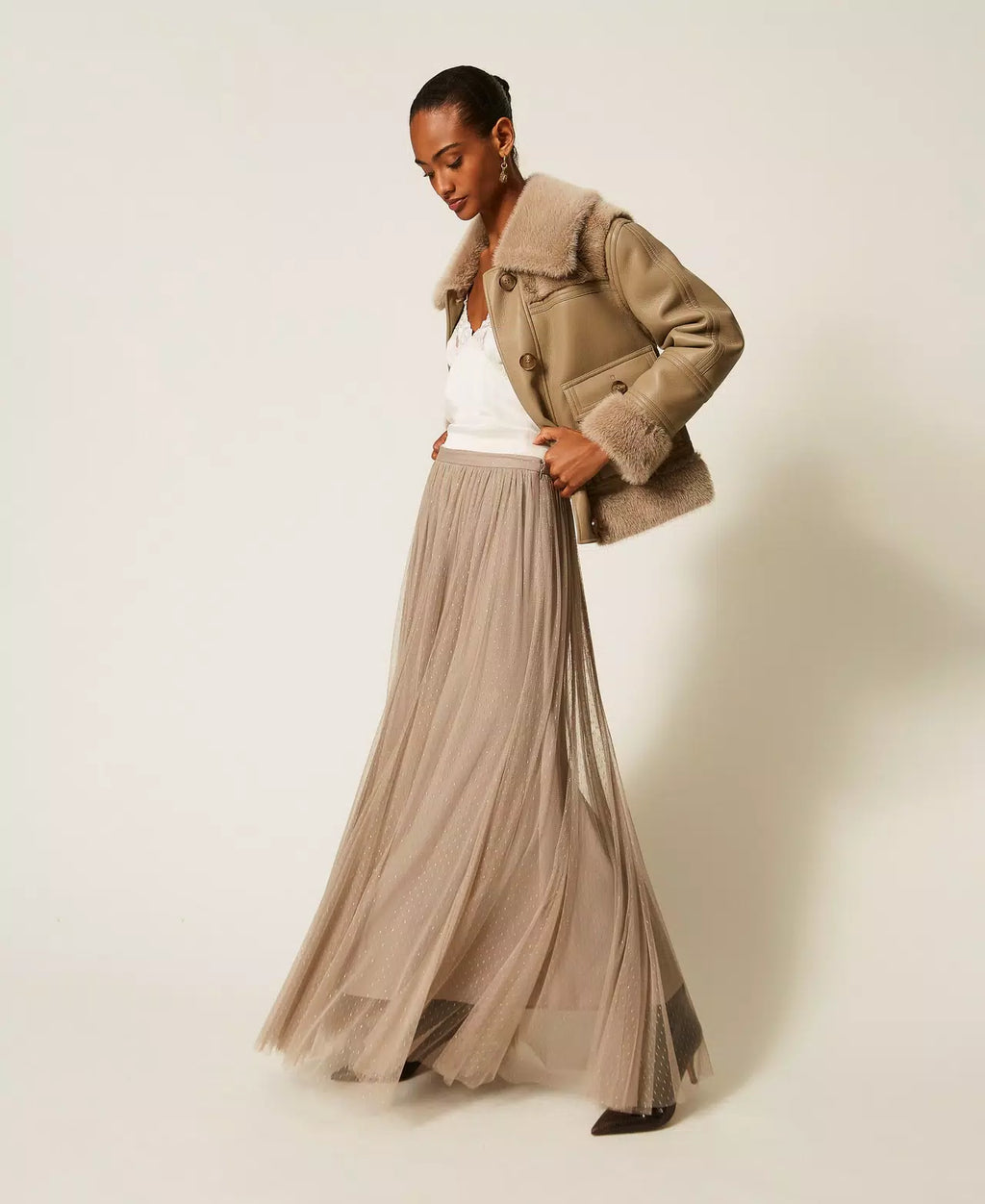 TWS-262TT2154 TAUPE TULLE PLEATED SKIRT