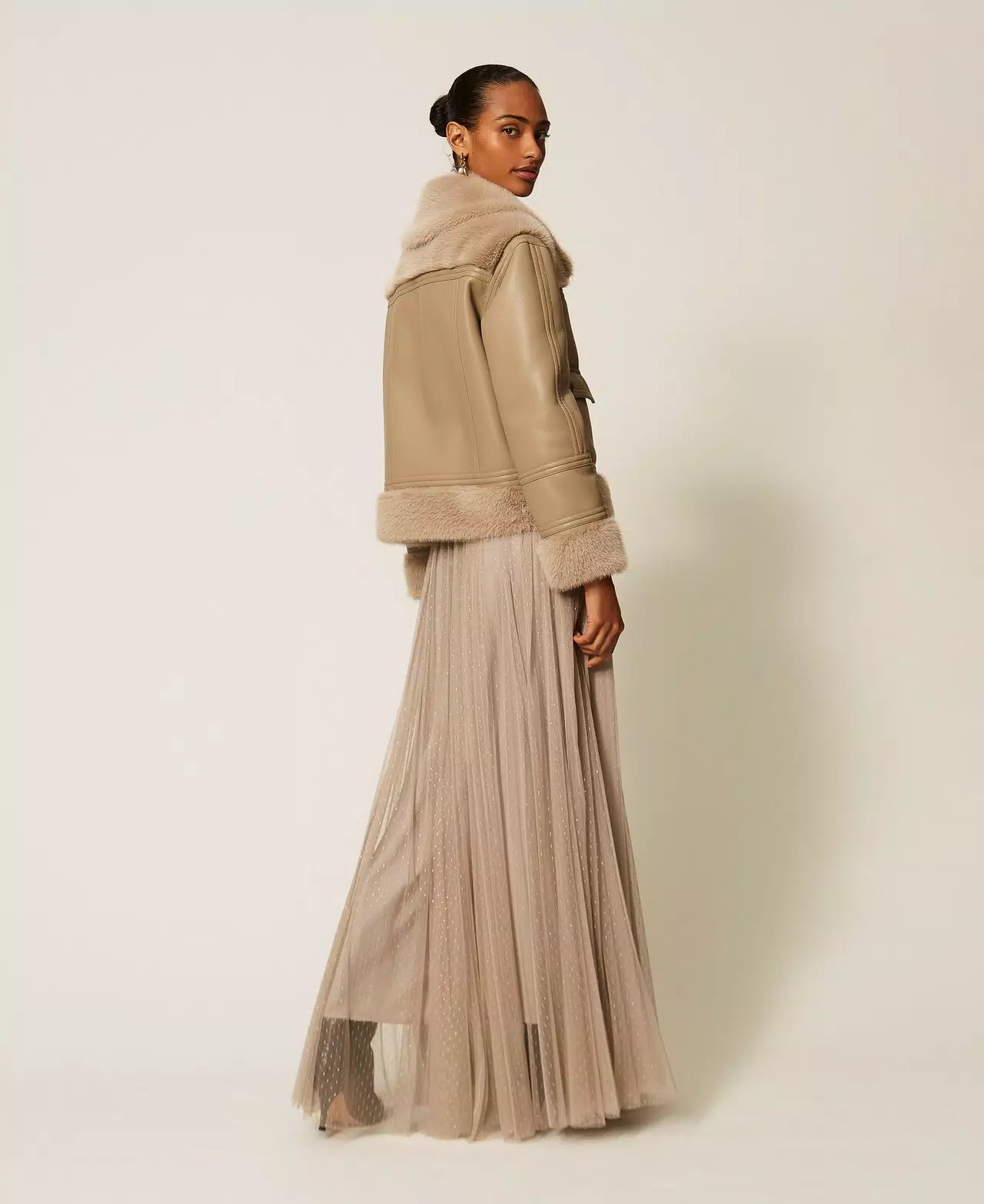 TWS-262TT2154 TAUPE TULLE PLEATED SKIRT