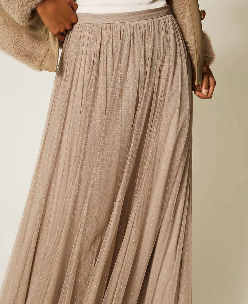 TWS-262TT2154 TAUPE TULLE PLEATED SKIRT