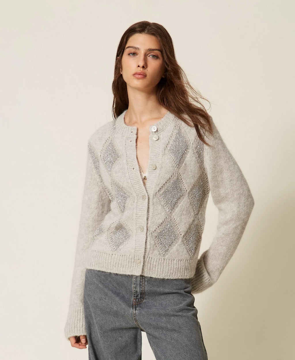 TWS-262TT3170 GREY ARGYLE CARDIGAN