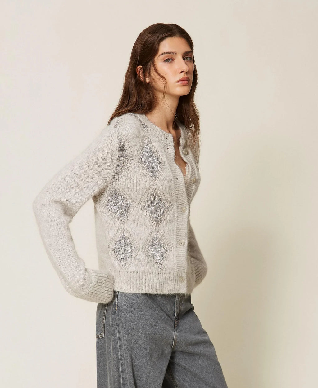 TWS-262TT3170 GREY ARGYLE CARDIGAN