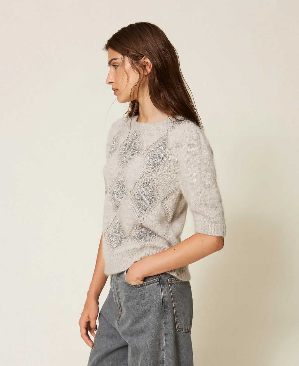 TWS-262TT3171 GREY ARGYLE TOP