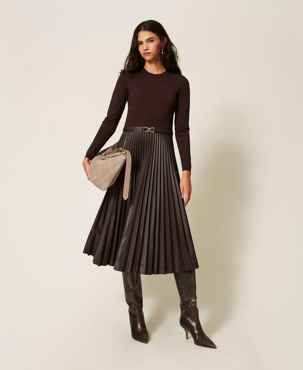 TWS-262TT3430 CHOCOLATE KNIT&LEATHER DRESS
