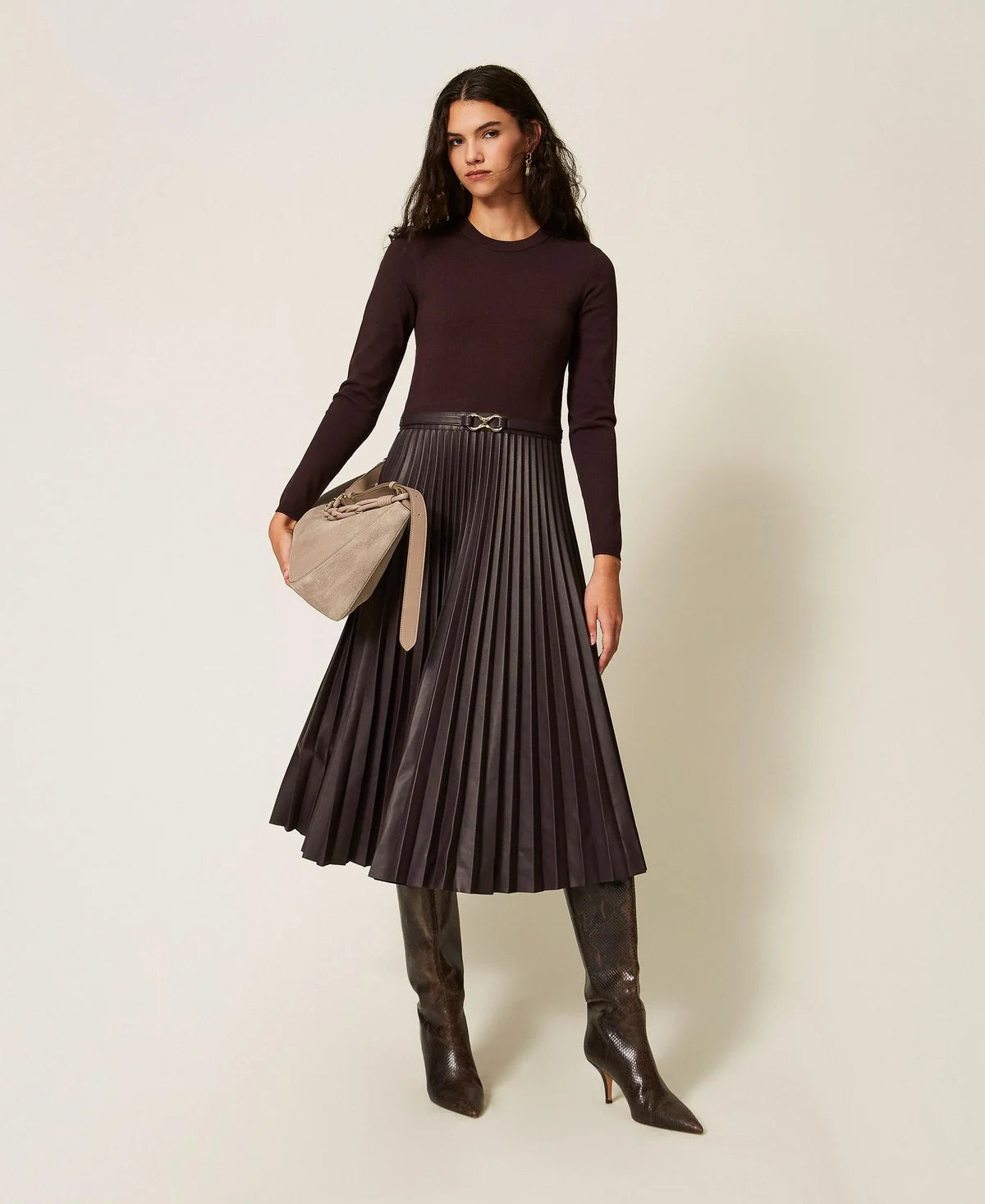 TWS-262TT3430 CHOCOLATE KNIT&LEATHER DRESS