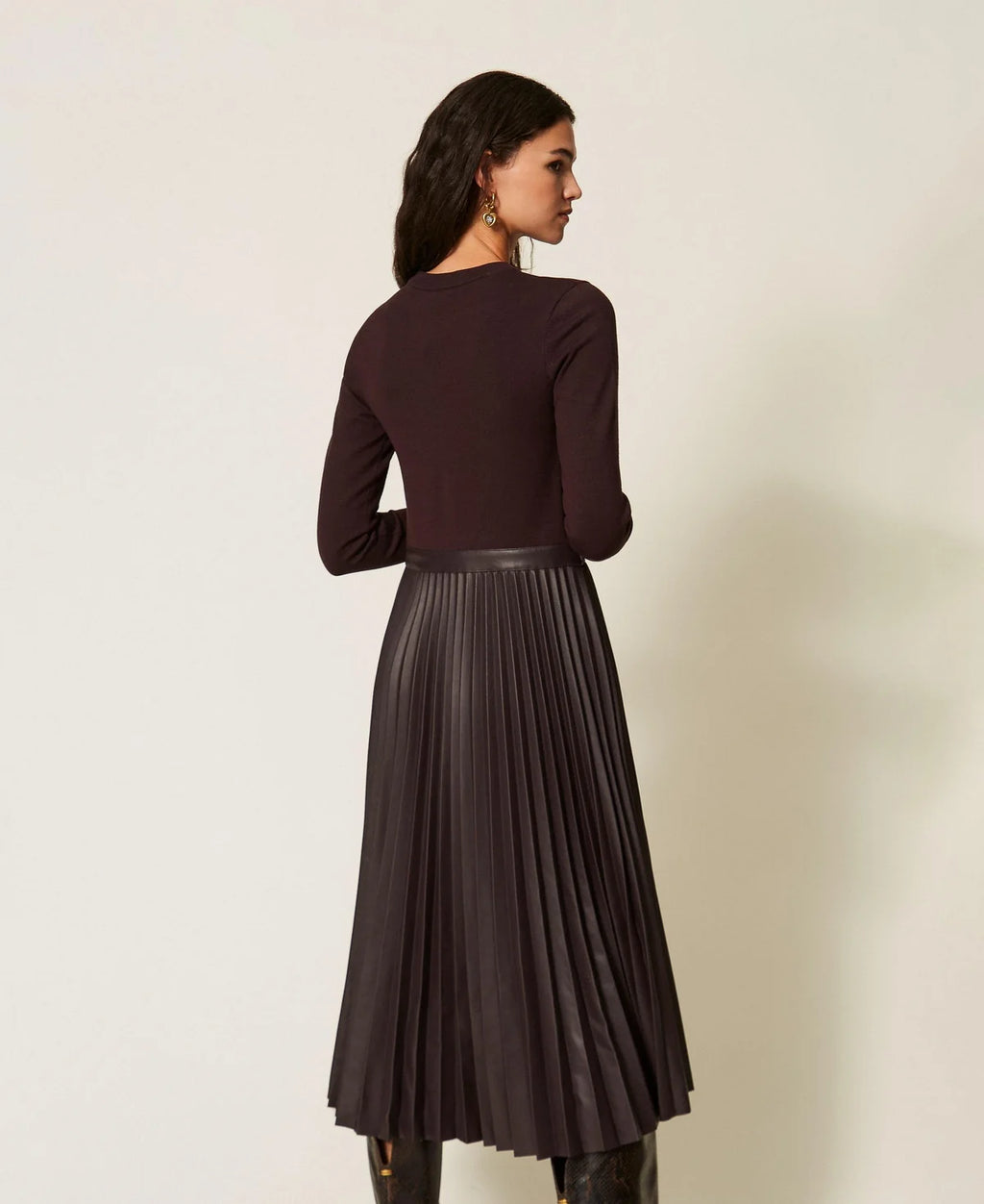 TWS-262TT3430 CHOCOLATE KNIT&LEATHER DRESS