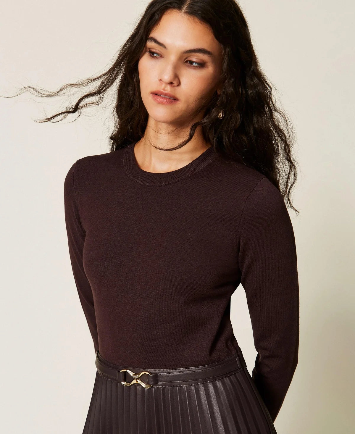 TWS-262TT3430 CHOCOLATE KNIT&LEATHER DRESS