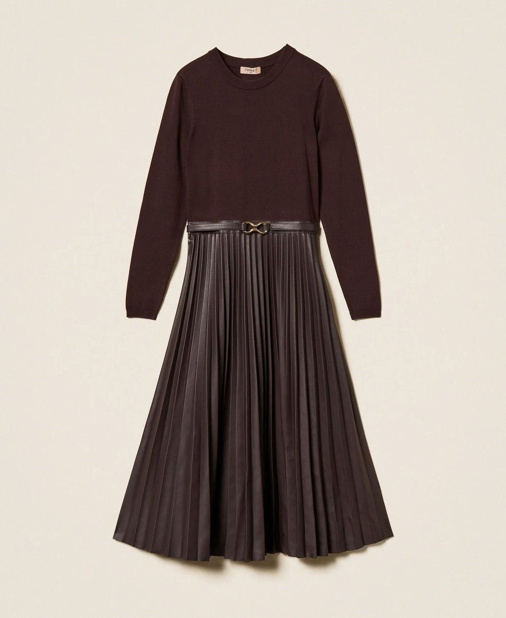 TWS-262TT3430 CHOCOLATE KNIT&LEATHER DRESS