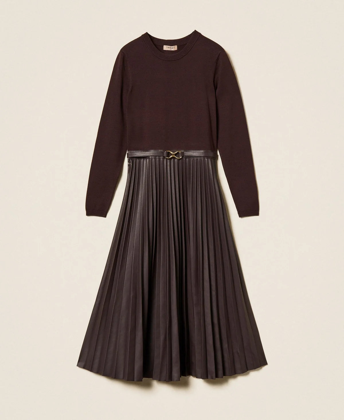 TWS-262TT3430 CHOCOLATE KNIT&LEATHER DRESS