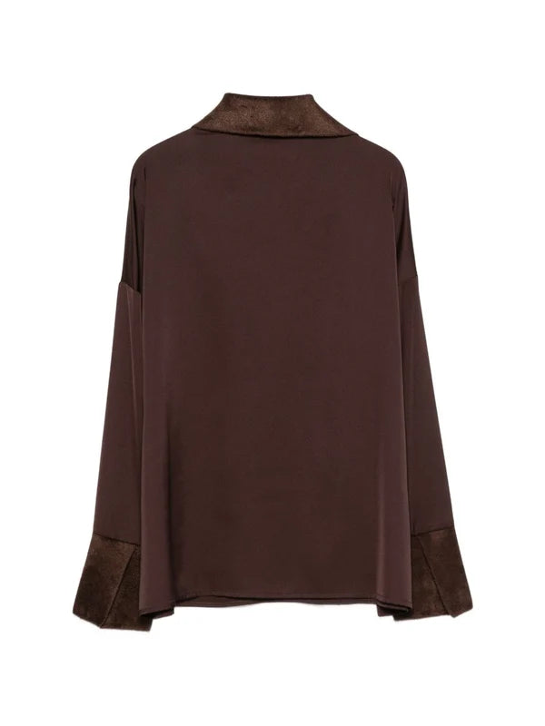 DXT-63698 CHOCOLATE SATIN&VELOUR TRIM BLOUSE