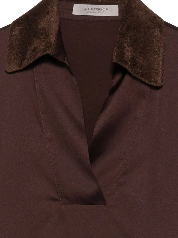 DXT-63698 CHOCOLATE SATIN&VELOUR TRIM BLOUSE