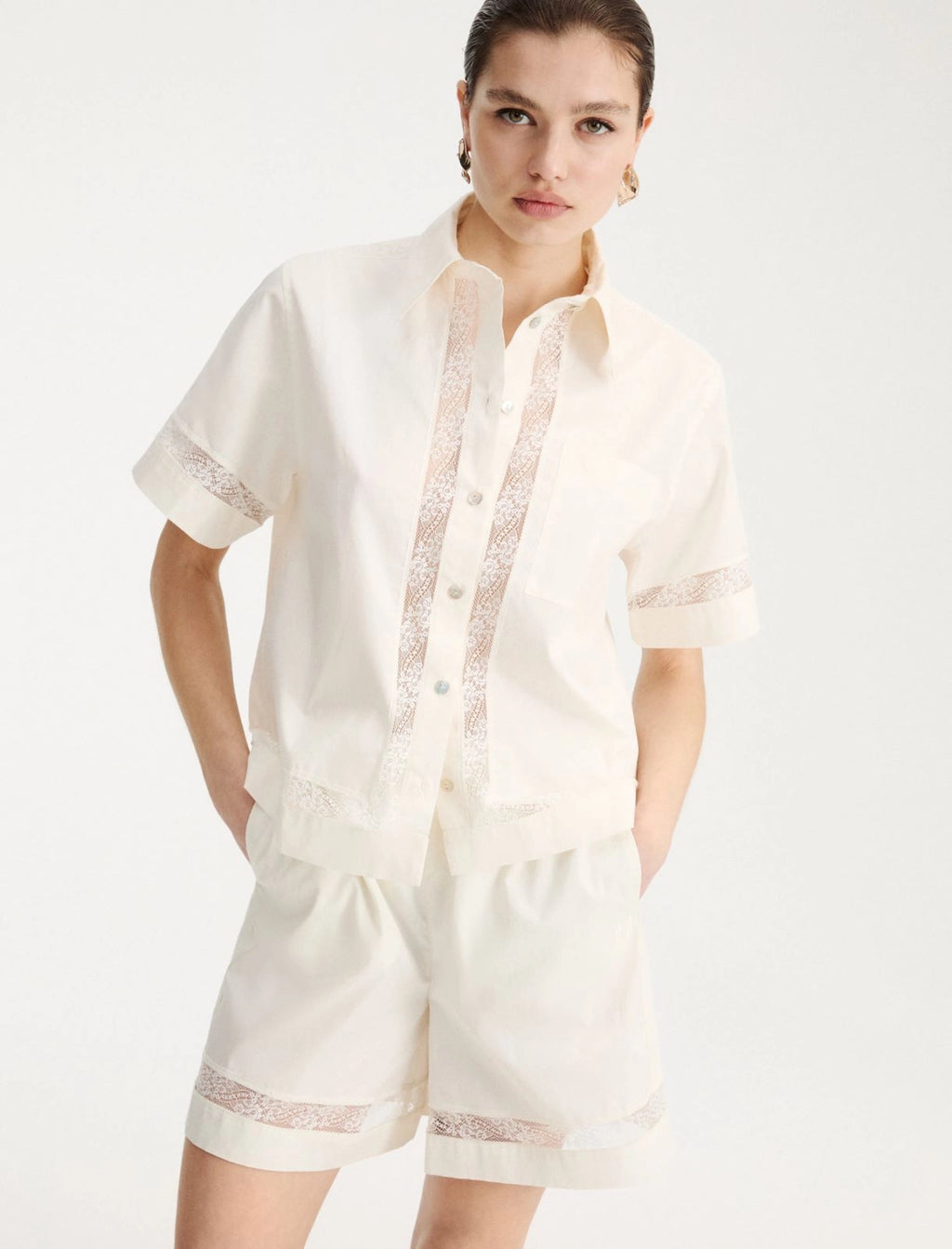 MRL-2613111055 MLMWHISKY IVORY LACE TRIM BLOUSE