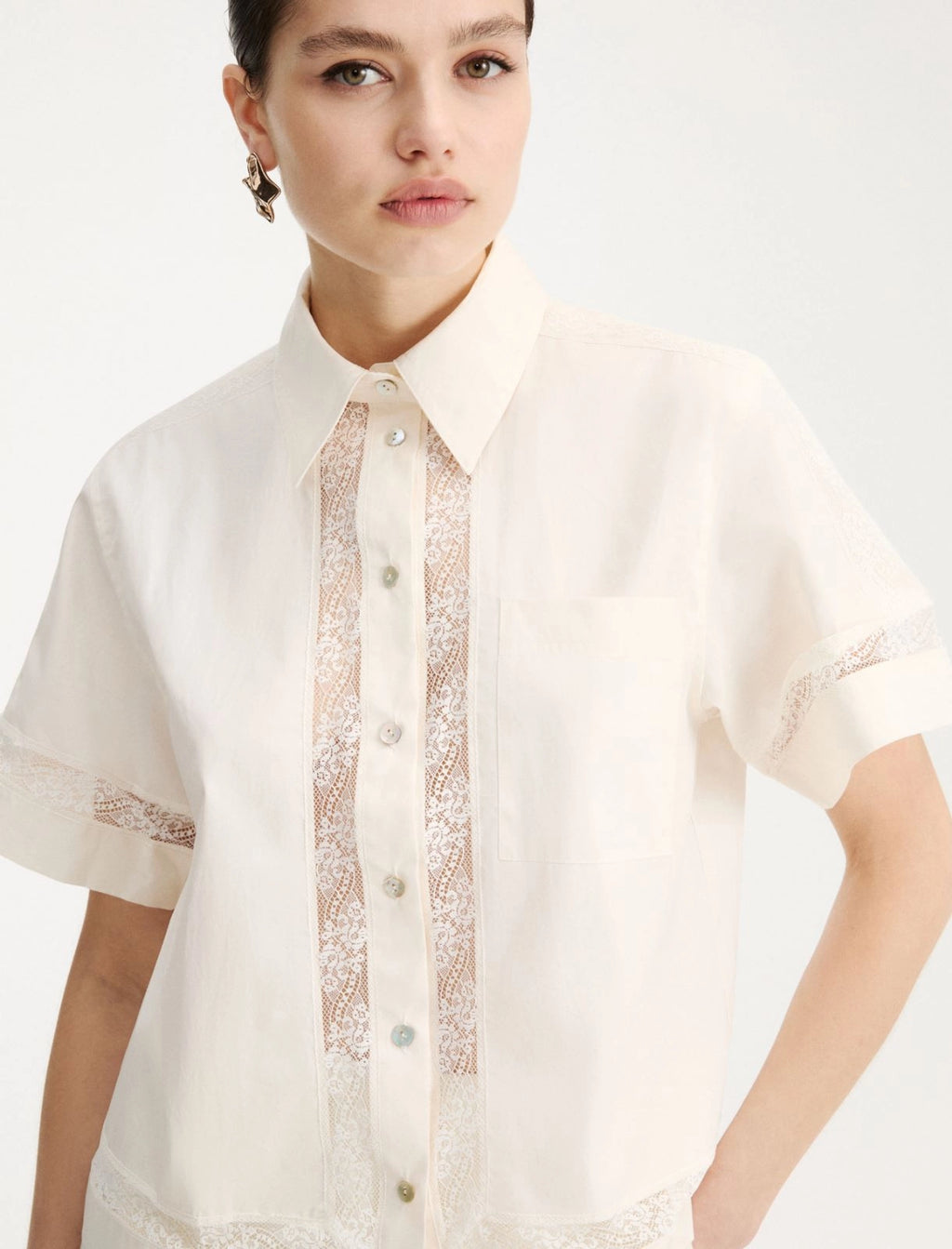 MRL-2613111055 MLMWHISKY IVORY LACE TRIM BLOUSE