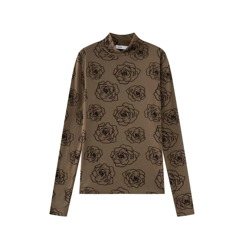 INO-M2-316BR BROWN ROSE PRINT TURTLENECK