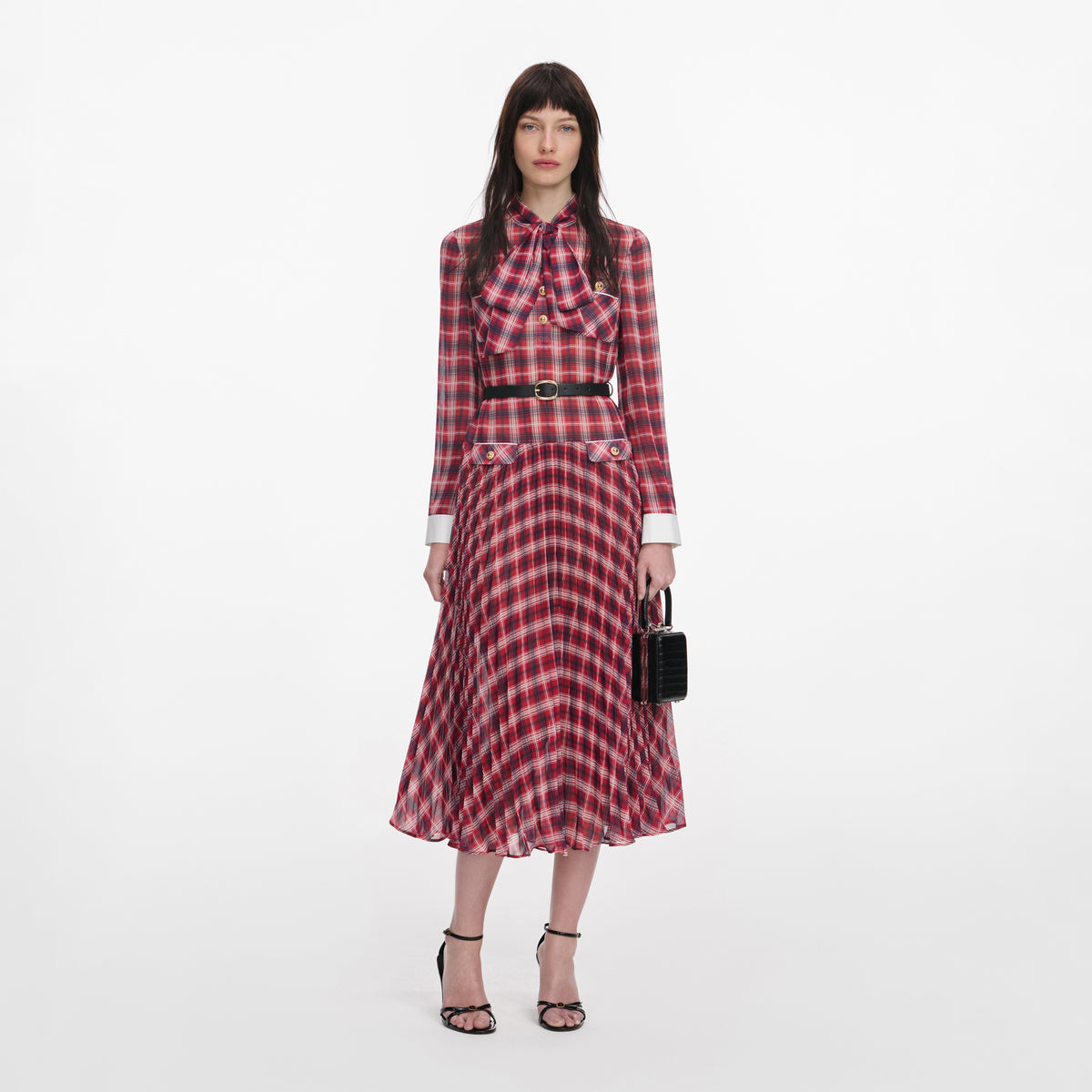 SPO-AW26-905M BURGUNDY CHECK CHIFFON DRESS