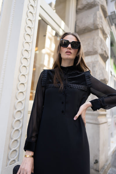 NOI-3343 BLACK CHIFFON&VELVET DRESS