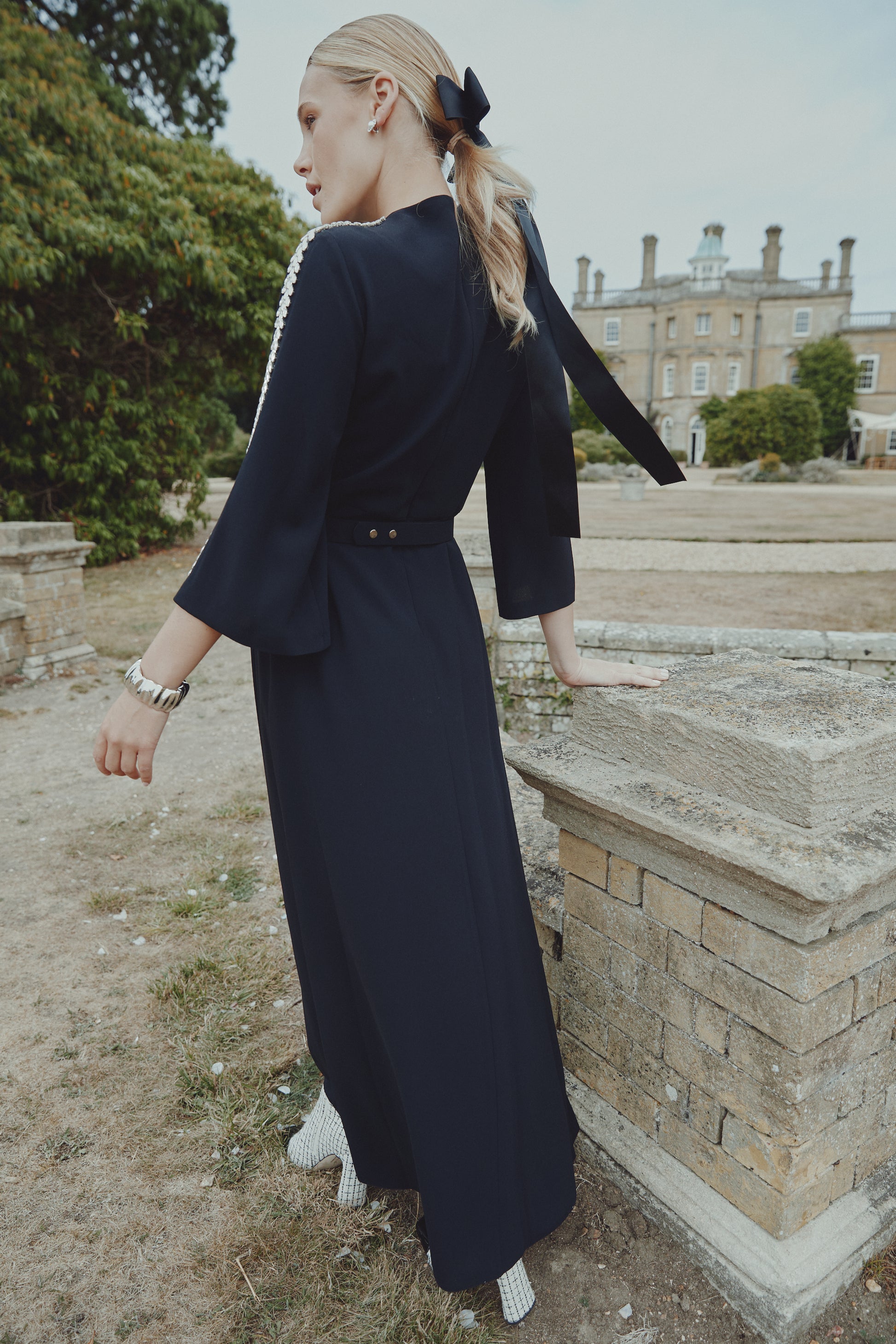 NOI-3503 BLACK STONE EMBELLISHED CREPE DRESS