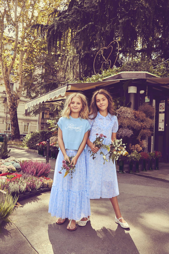 PHK-I1E705 BLUE FLORAL TULLE SKIRT
