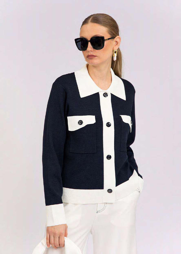 CST-F2543 NAVY&WHITE TRIM CARDIGAN