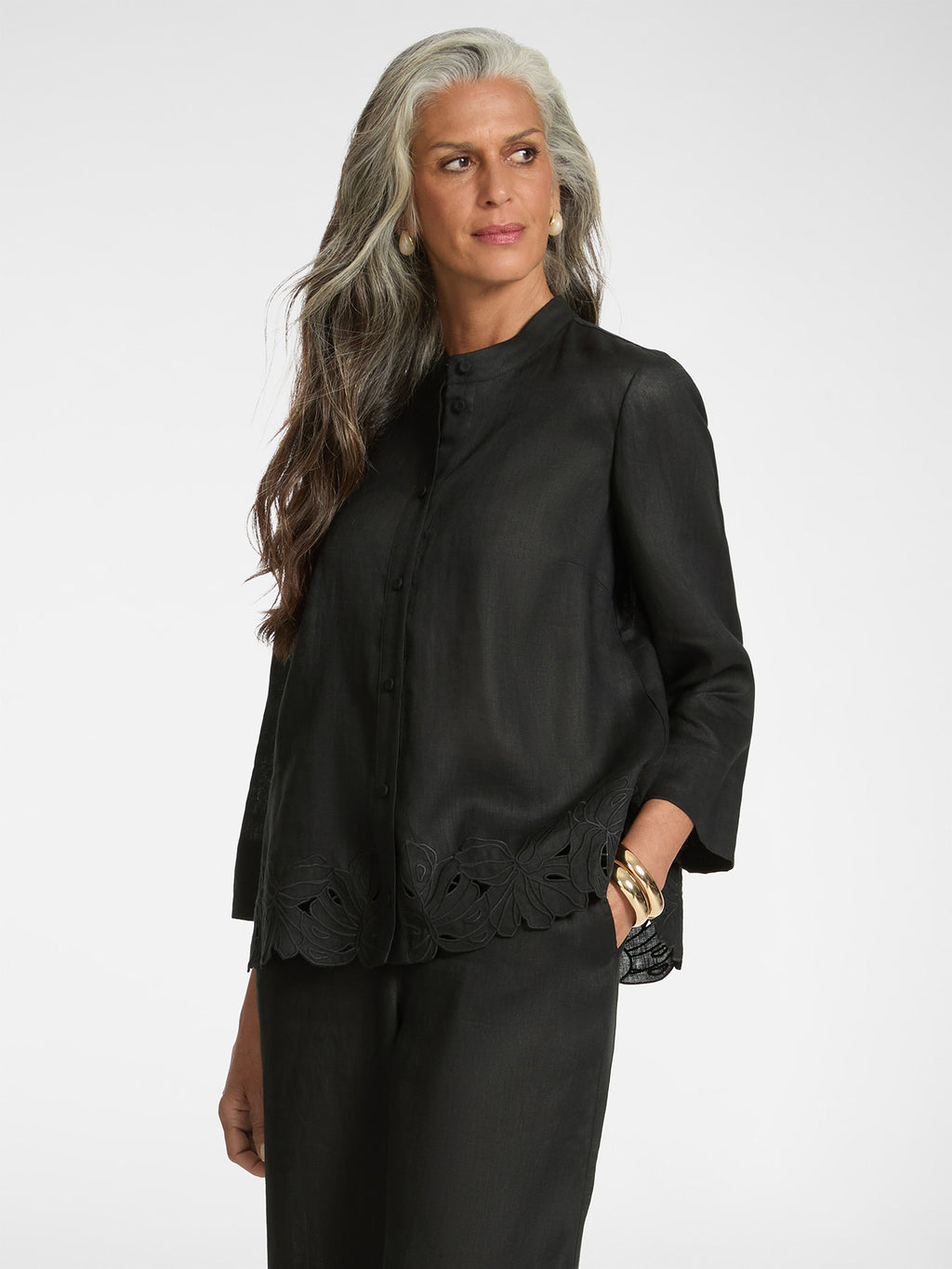 ELM-5009P000302N BLACK EMBROIDERED LINEN SHIRT