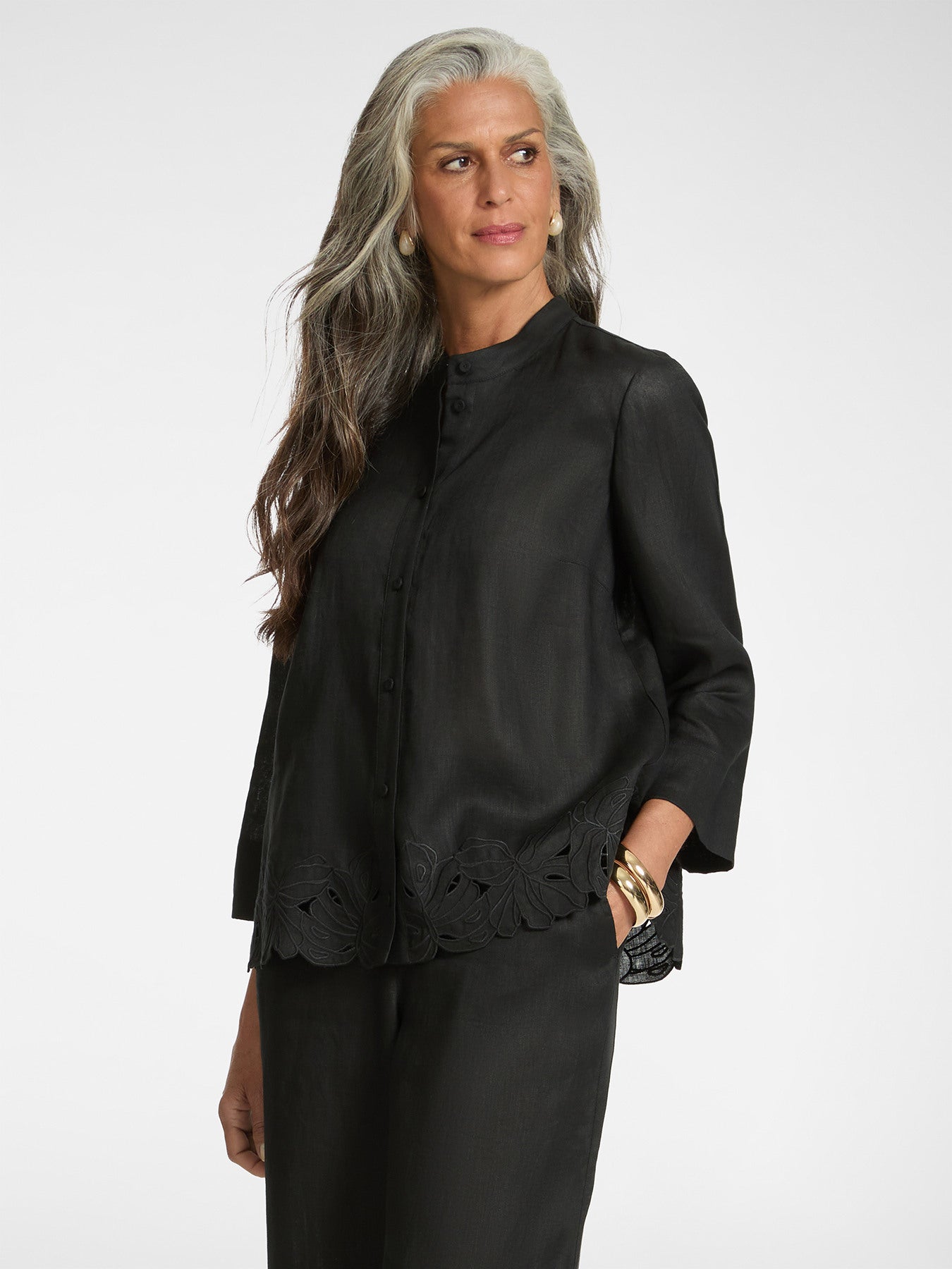 ELM-5009P000302N BLACK EMBROIDERED LINEN SHIRT