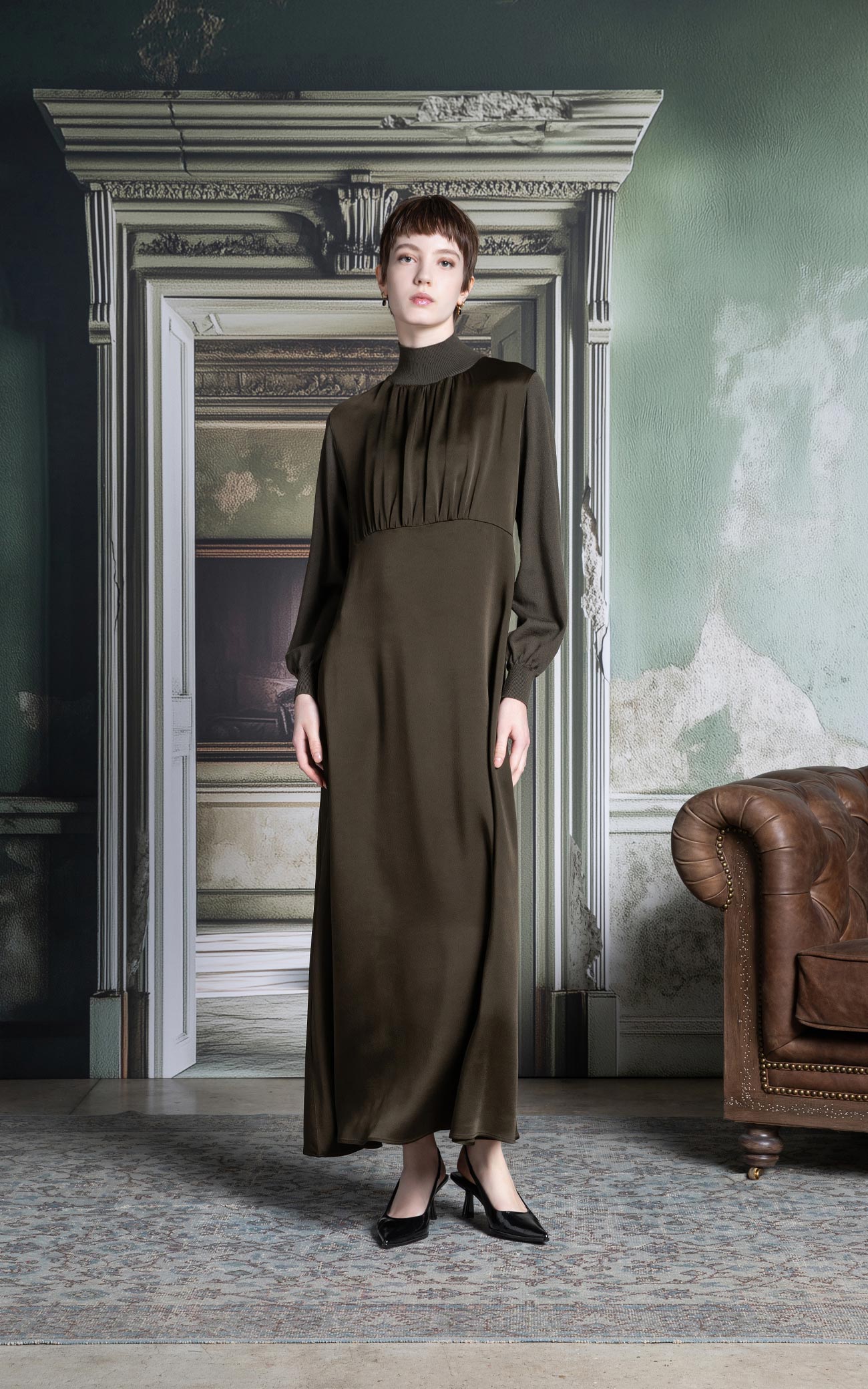 SHS-30 5010/I OLIVE SATIN&KNIT DRESS