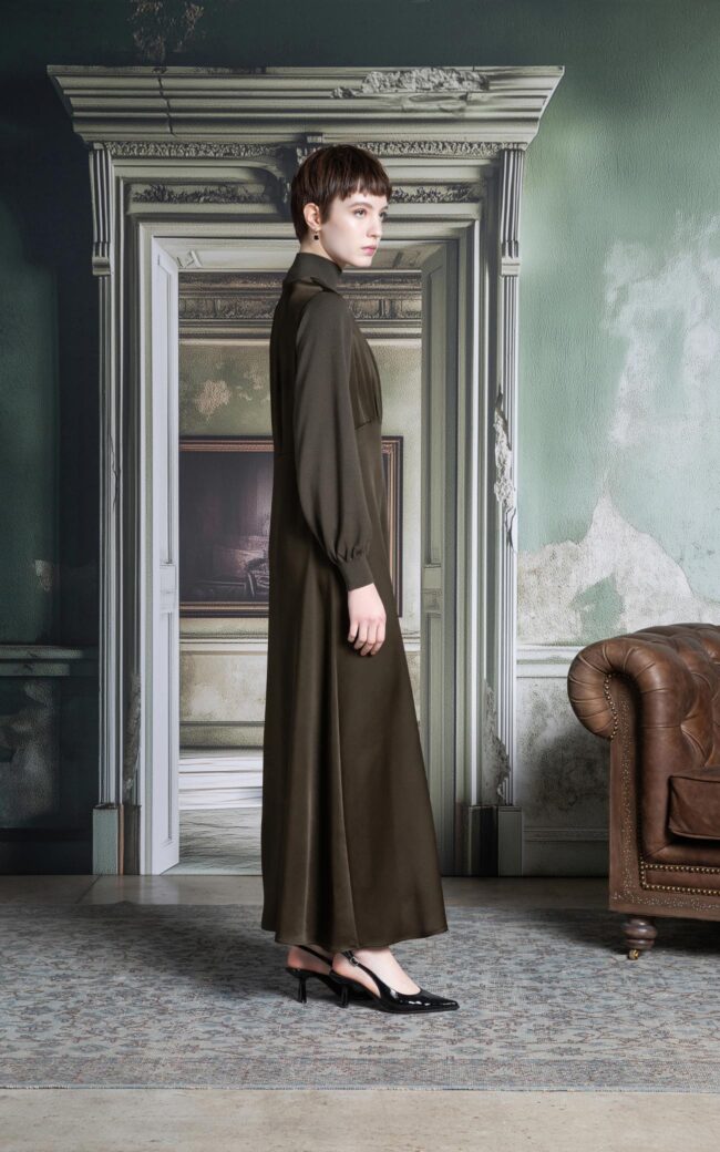 SHS-30 5010/I OLIVE SATIN&KNIT DRESS