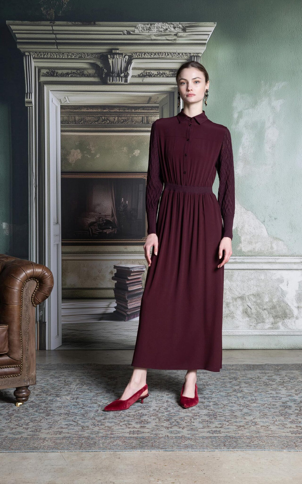 SHS-30 5014/T WINE TEXTURED KNIT SLEEVE DRESS