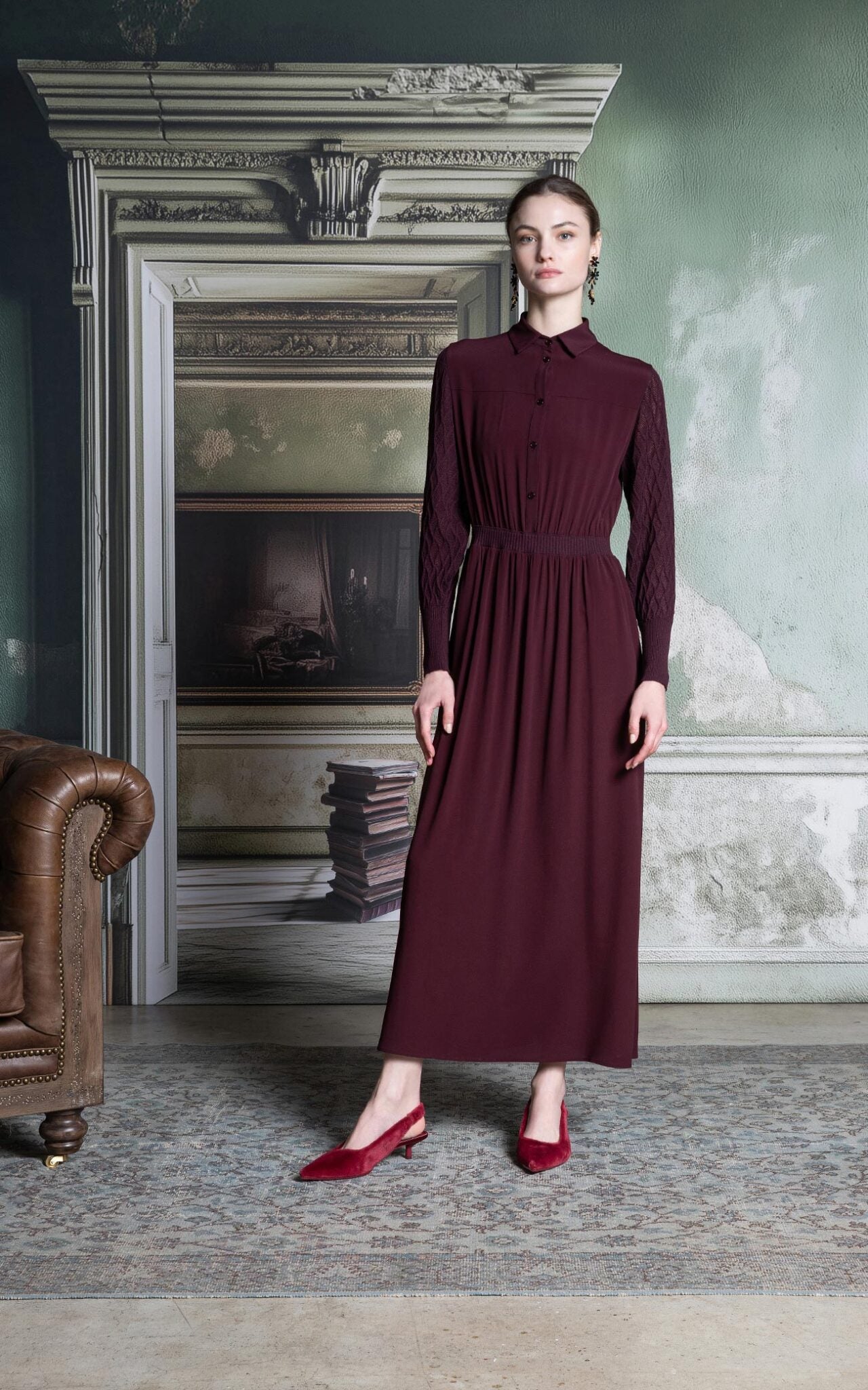 SHS-30 5014/T WINE TEXTURED KNIT SLEEVE DRESS
