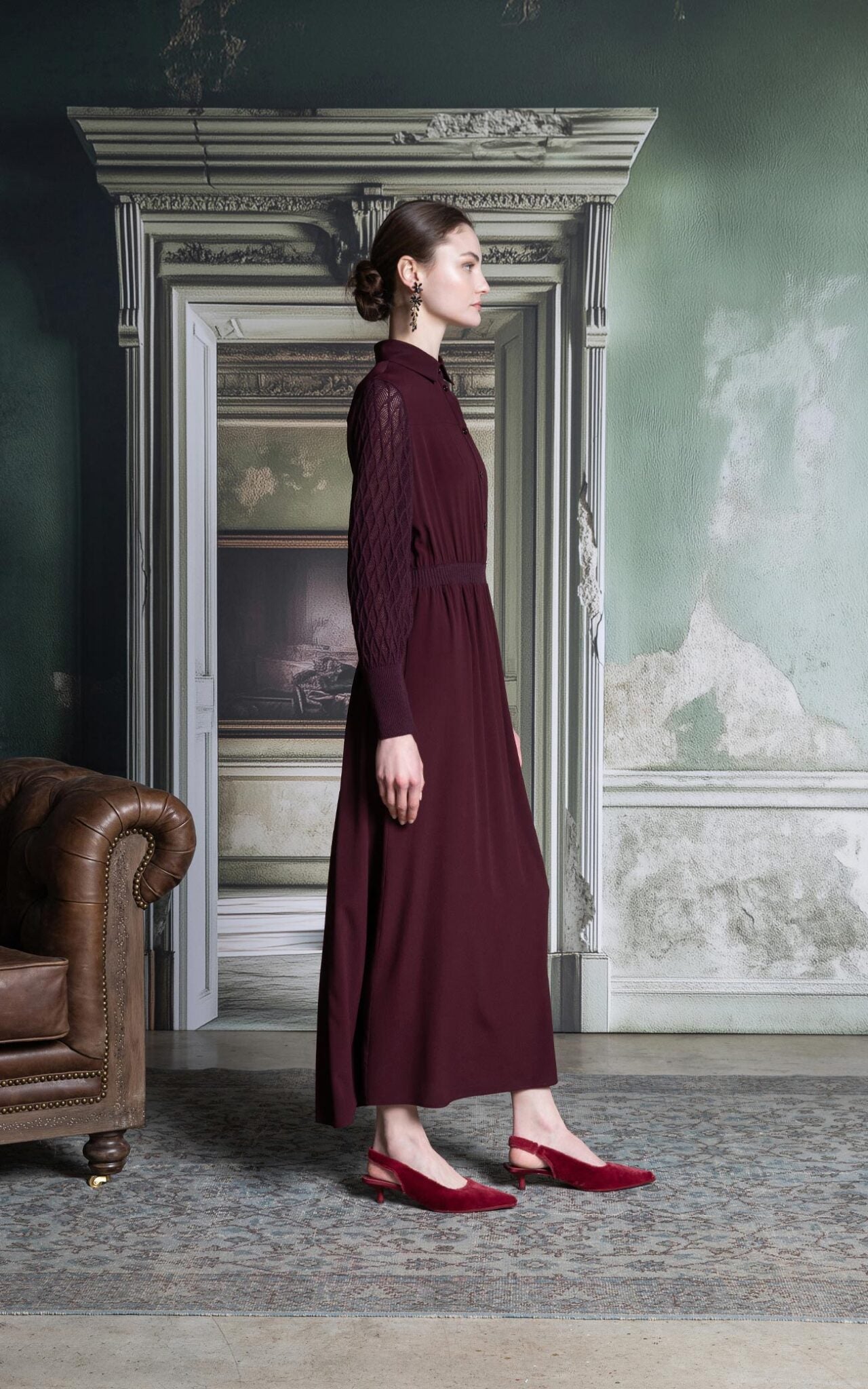 SHS-30 5014/T WINE TEXTURED KNIT SLEEVE DRESS