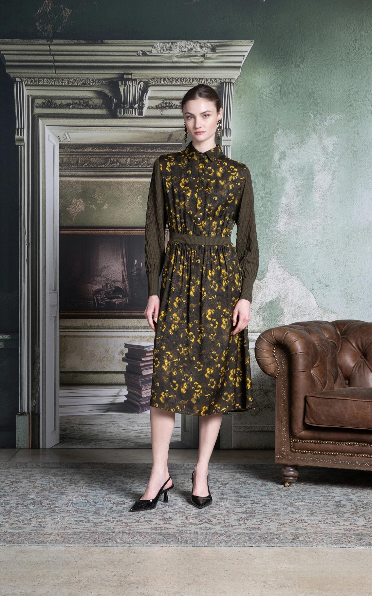 SHS-30 5102/L WINE PRINT&KNIT SLEEVE DRESS