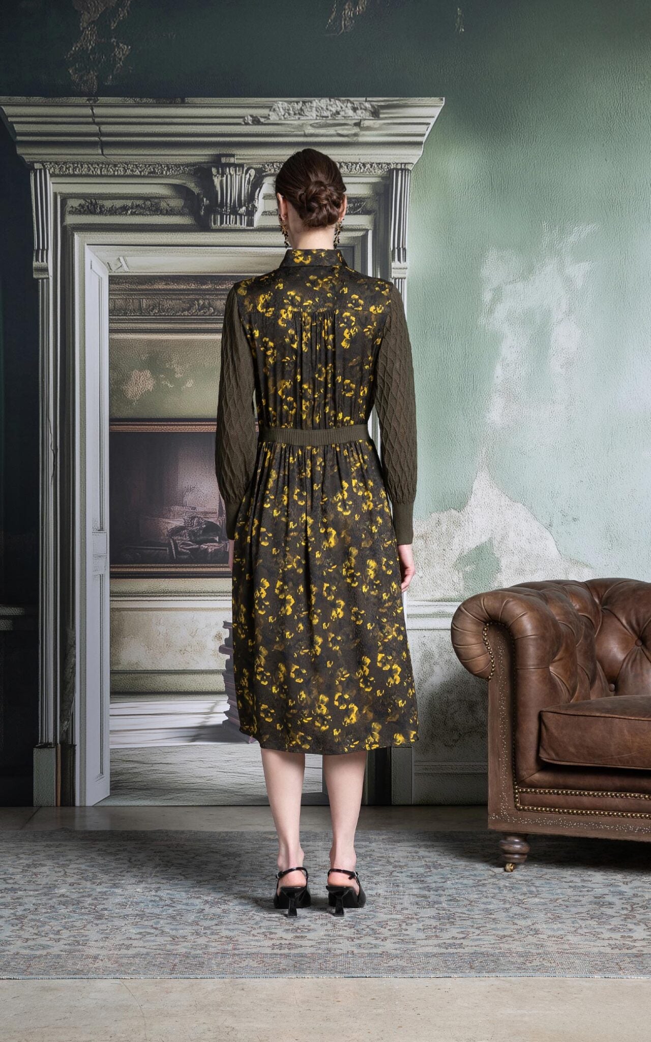 SHS-30 5102/L WINE PRINT&KNIT SLEEVE DRESS