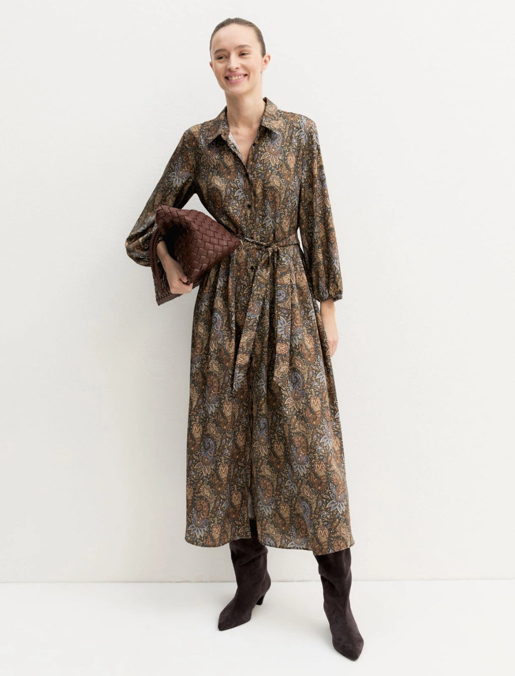 EBM-2625226131 EMMPASSO BROWN PRINTED SHIRT DRESS