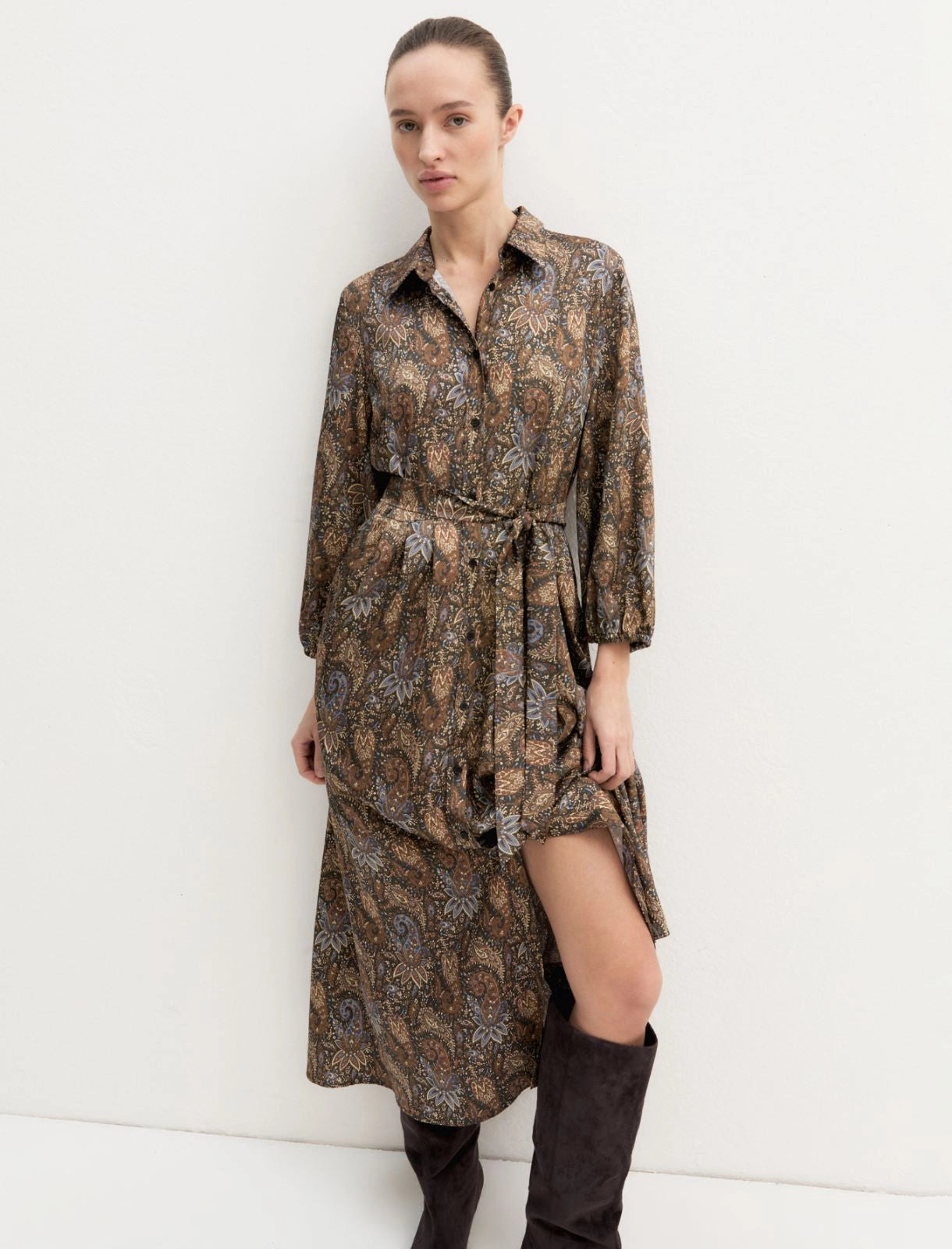 EBM-2625226131 EMMPASSO BROWN PRINTED SHIRT DRESS