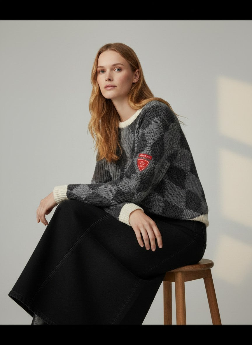 PAR-T563 GREY ARGYLE KNIT TOP