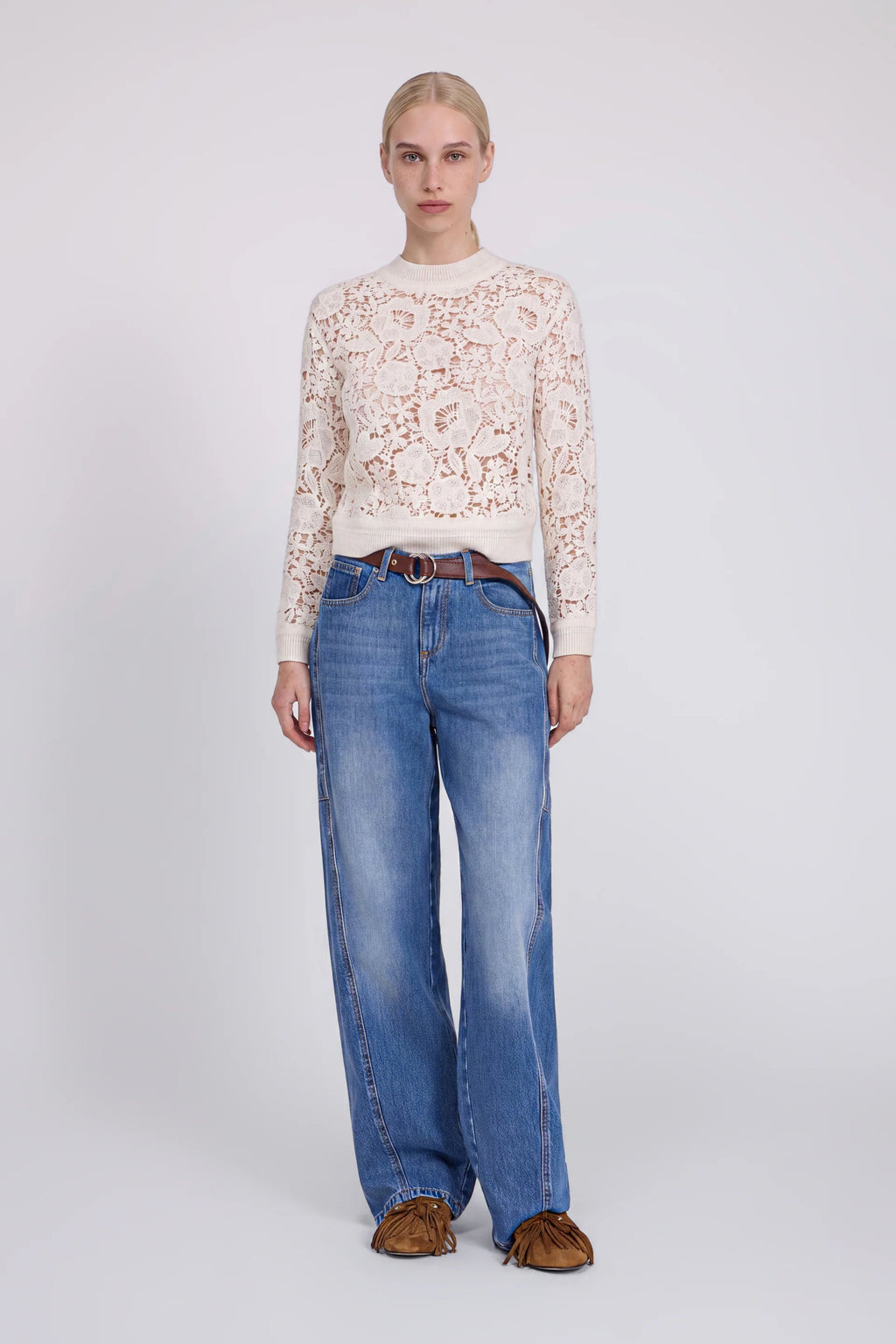 ERF-D49EM051E58 CREAM CROCHET KNIT TOP