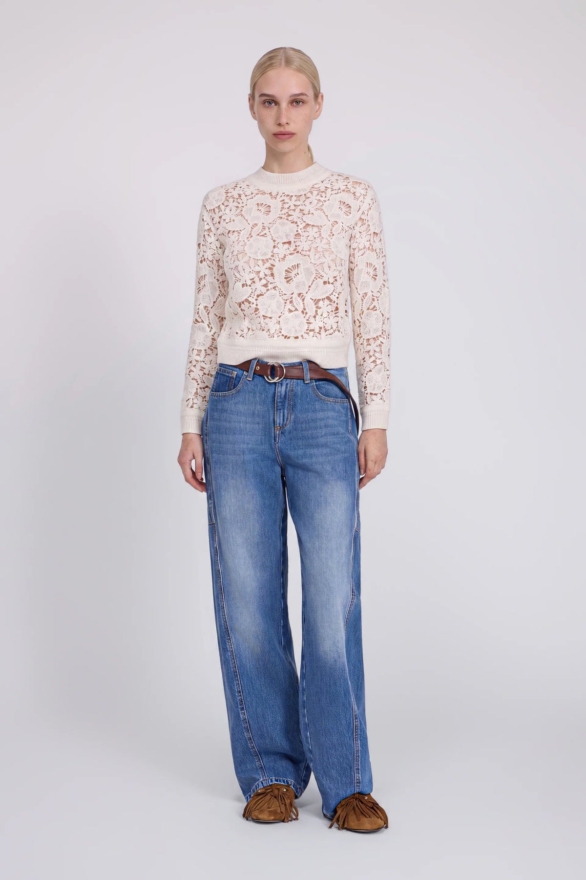ERF-D49EM051E58 CREAM CROCHET KNIT TOP