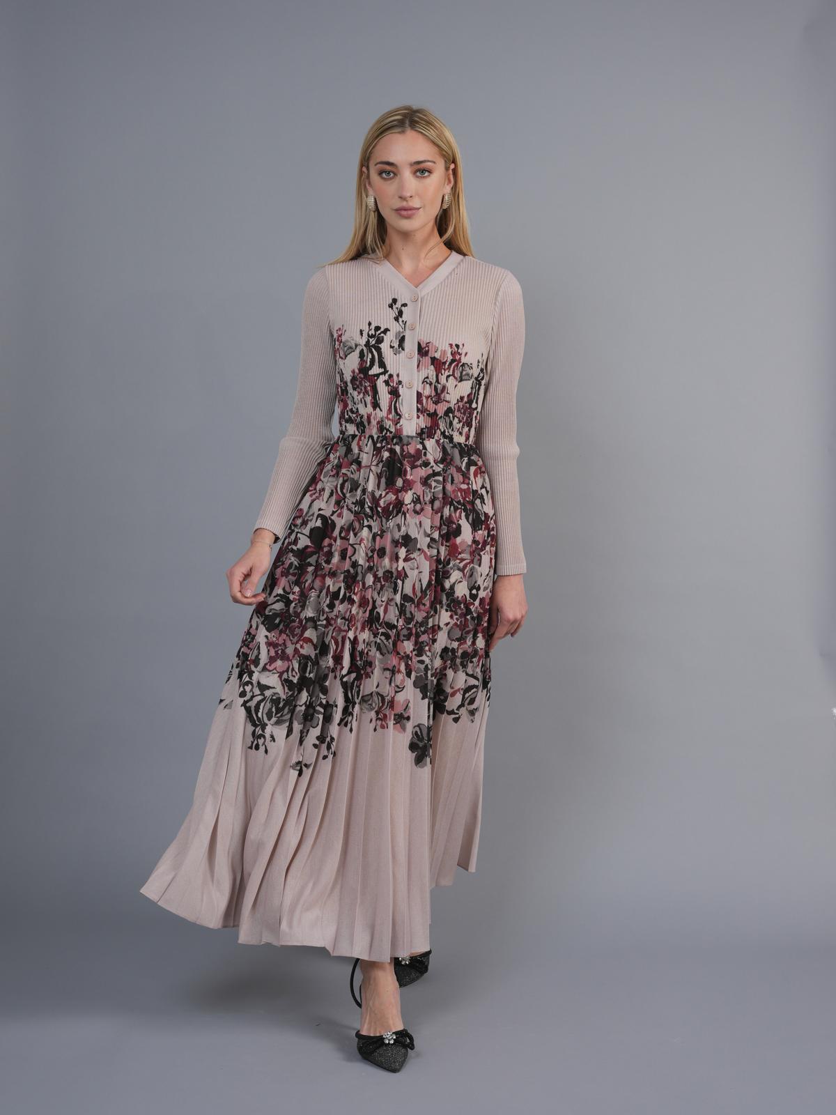 MIKADO-6081 BEIGE FLORAL DRESS