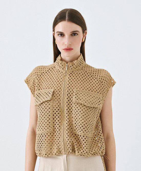 ACC-63-1051-091 BEIGE MESH SLEEVELESS JACKET