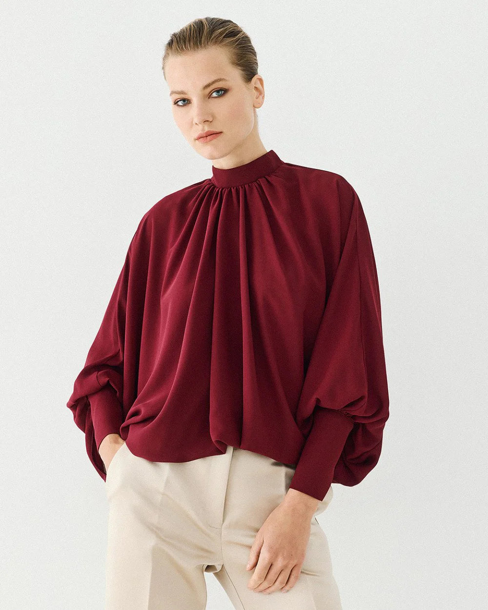 ACC-64-2042-205 BURGANDY GATHERED BLOUSE