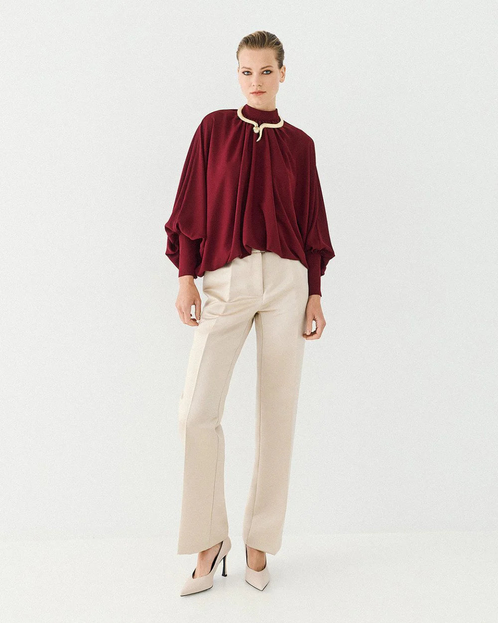 ACC-64-2042-205 BURGANDY GATHERED BLOUSE