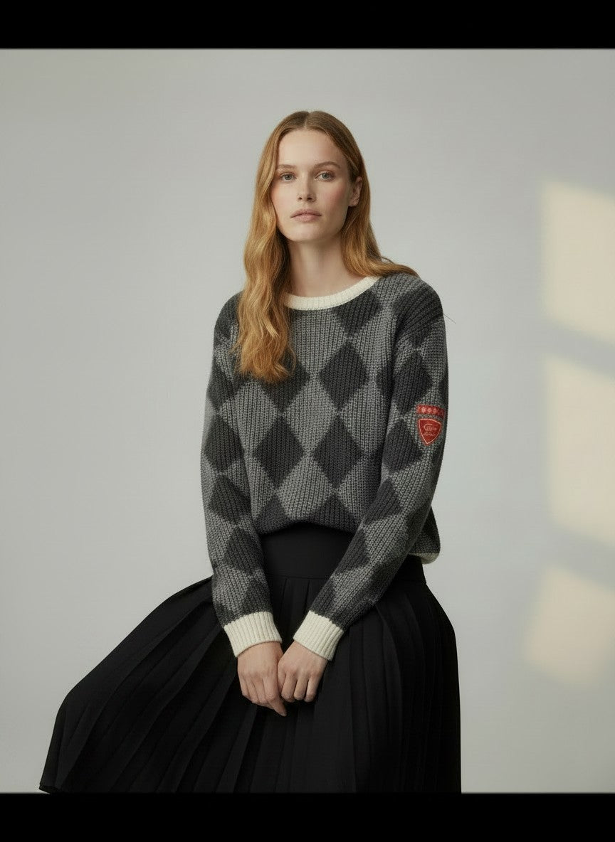 PAR-T563 GREY ARGYLE KNIT TOP