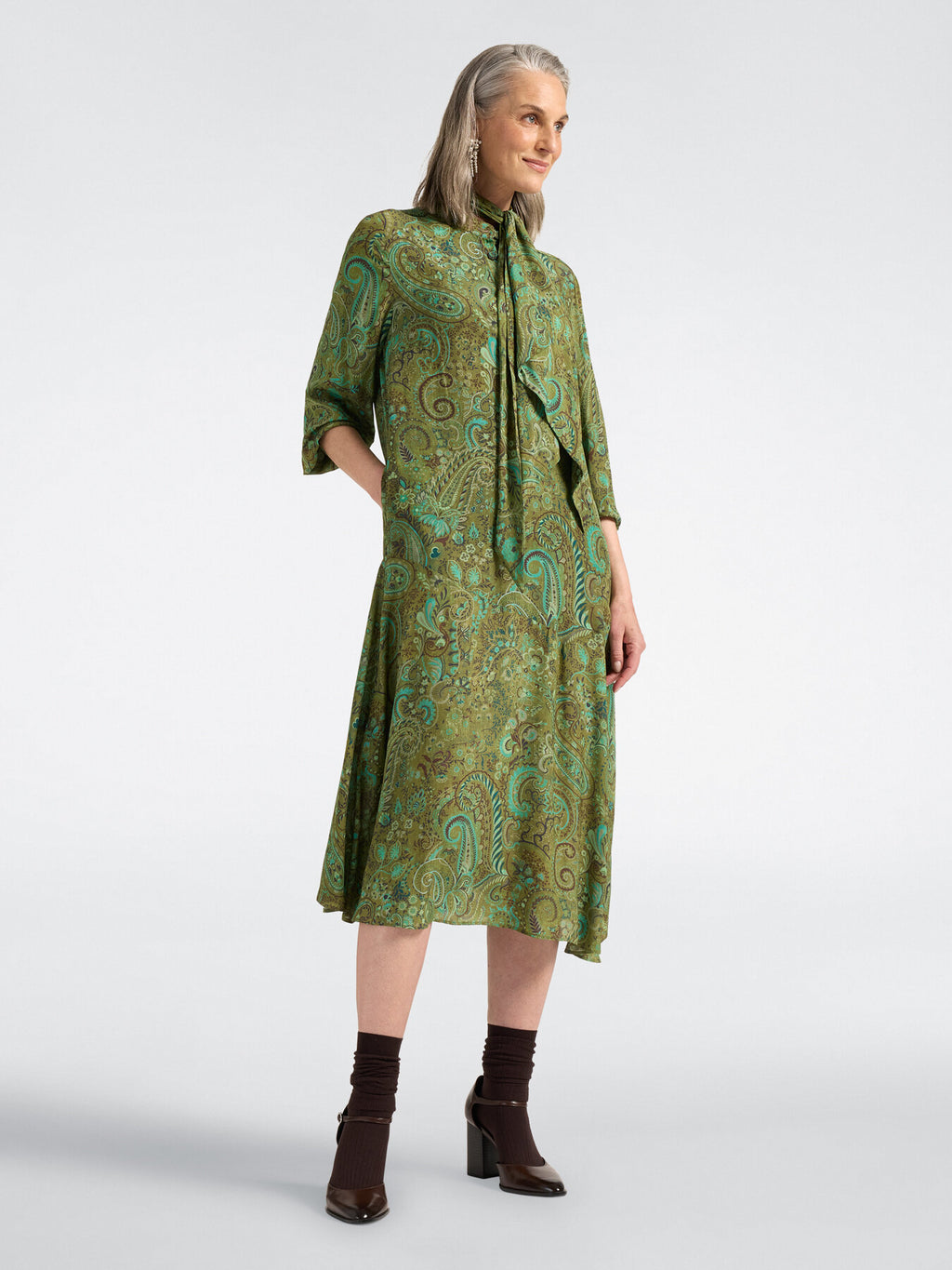 ELM-7033P0003 GREEN FOULARD PRINT DRESS