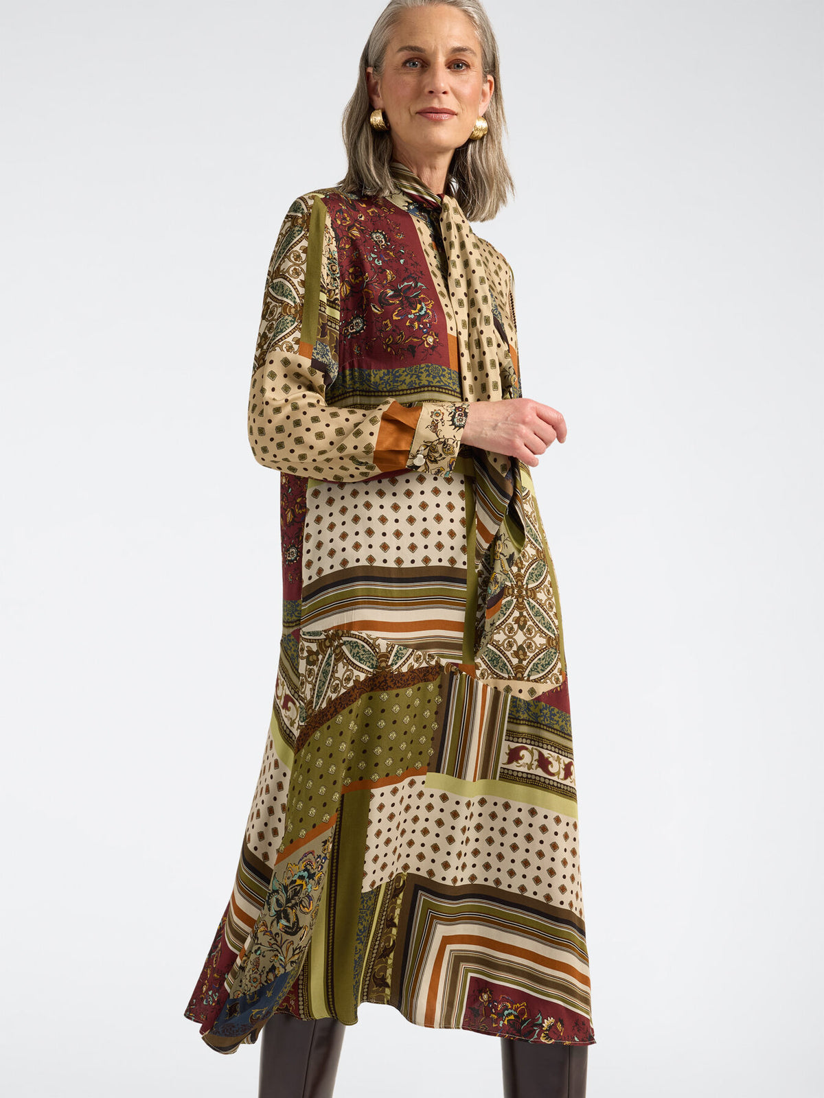 ELM-7033P1003 NATURAL&OLIVE FOULARD PRINT DRESS