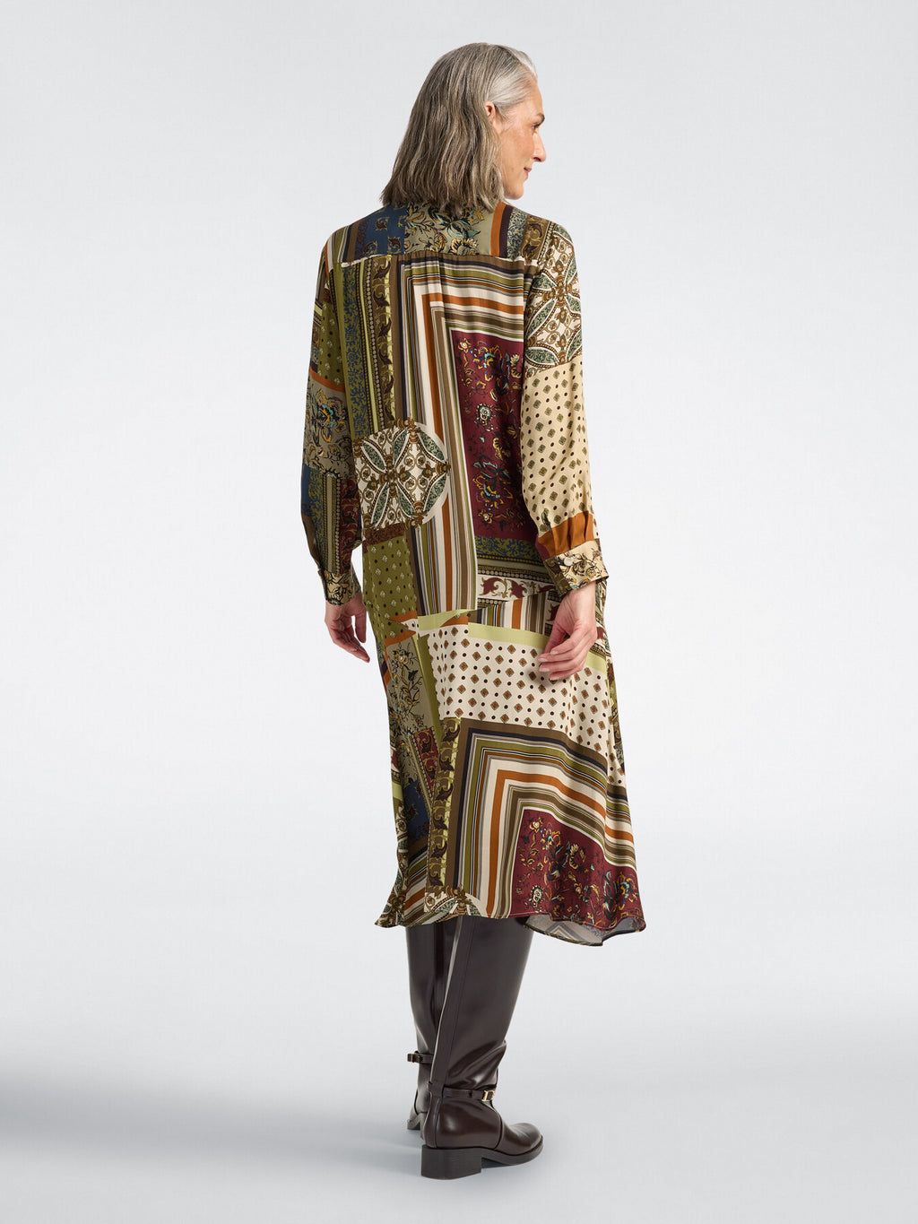 ELM-7033P1003 NATURAL&OLIVE FOULARD PRINT DRESS