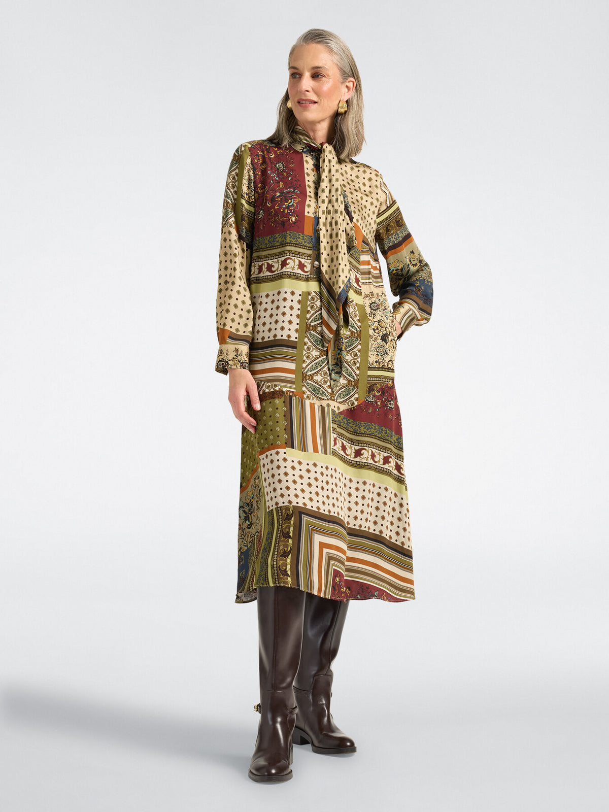 ELM-7033P1003 NATURAL&OLIVE FOULARD PRINT DRESS